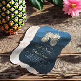 Convites Casamento de Onda Azul com Casal de Abacaxi Dourad