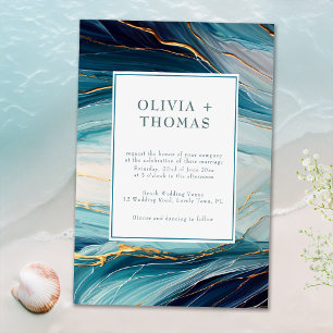 Convites Casamento de Ondas Douradas do Oceano Teal de Blis