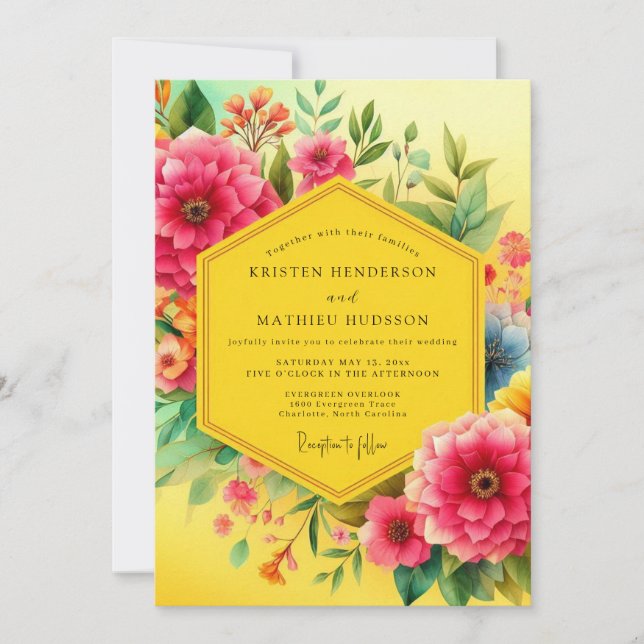 Convites Casamento de Opulência Floral Amarela (Frente)