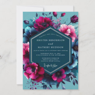 Convites Casamento de Opulência Floral Azul-Esverdeado Inte