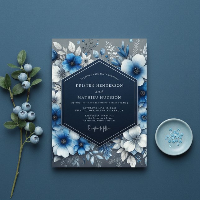 Convites Casamento de Opulência Floral Azul Marinho (Criador carregado)