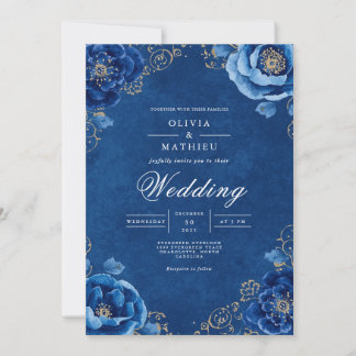 Convites Casamento de Opulência Floral Azul Profundo