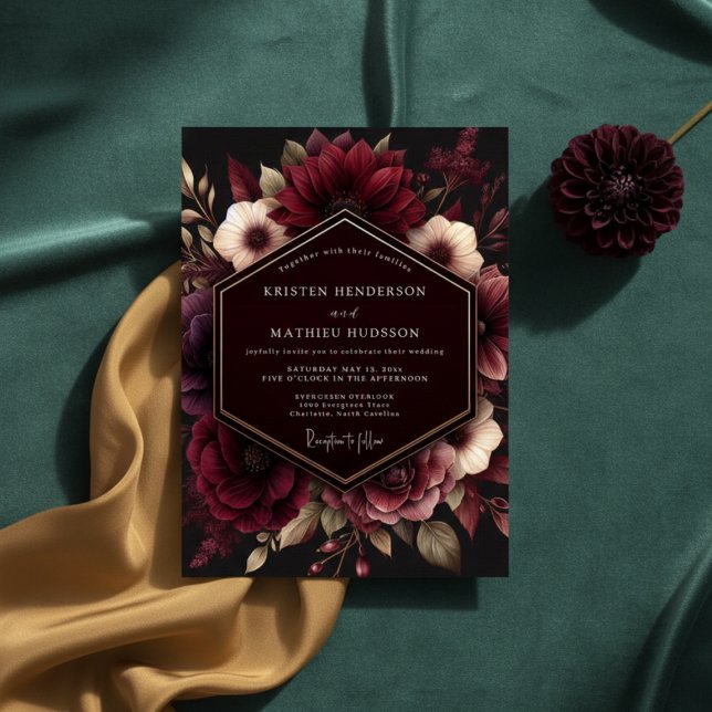 Convites Casamento de Opulência Floral Borgonha (Criador carregado)