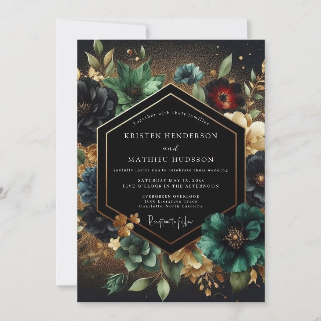 Convites Casamento de Opulência Floral em Azul Teal Profund (Frente)