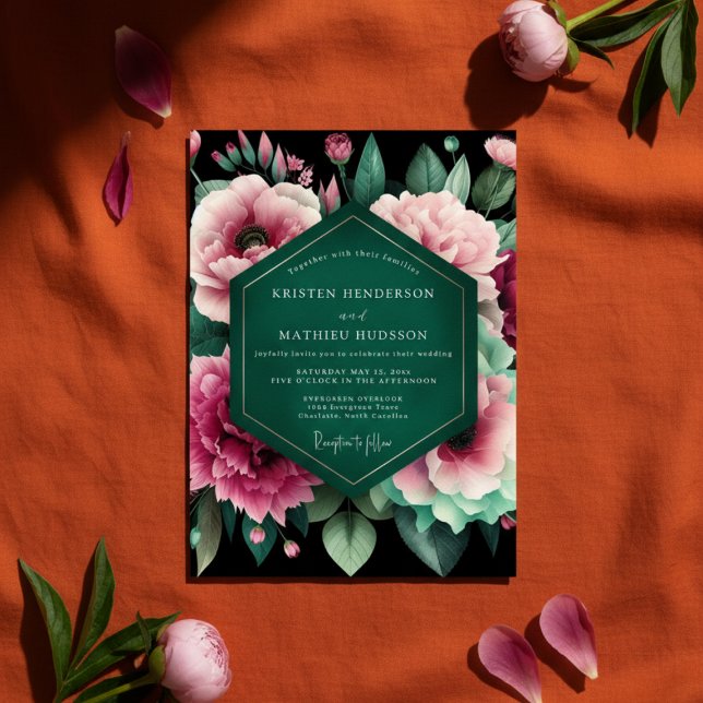Convites Casamento de Opulência Floral Esmeralda Profunda (Criador carregado)