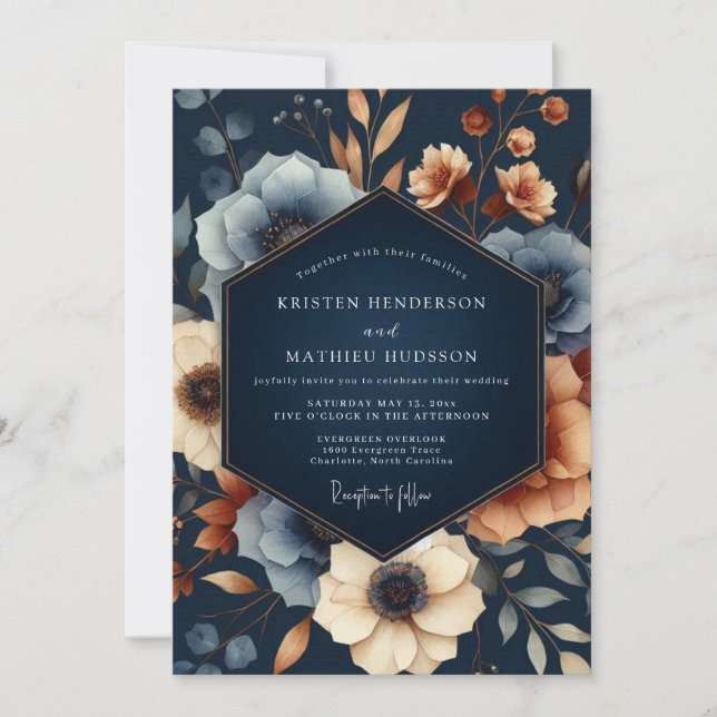 Convites Casamento de Opulência Floral Outonal Naval (Frente)