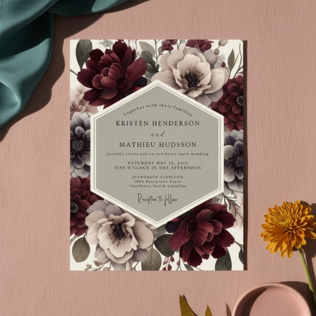 Convites Casamento de Opulência Romântica com Floral Borgon (Criador carregado)