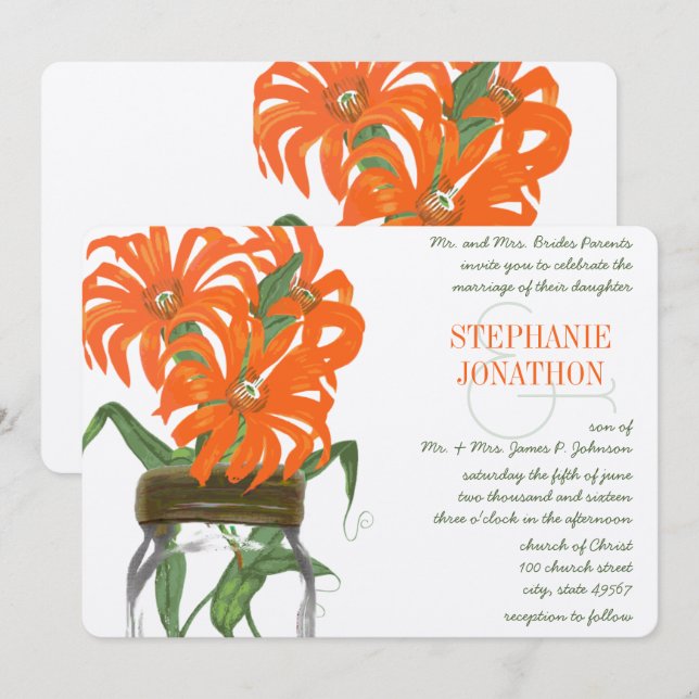 Convites Casamento de Orange Coral Mason Jar Rustic Barn (Frente/Verso)