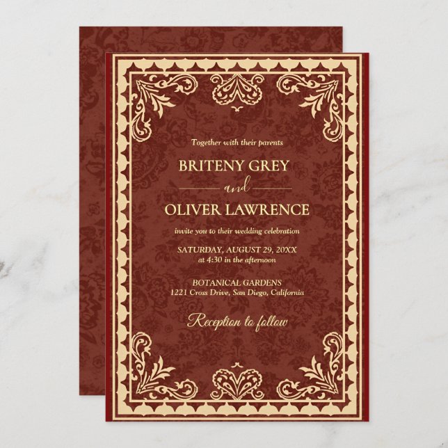 Convites Casamento de Ornamentado de Borgonha Elegante e Fo (Frente/Verso)