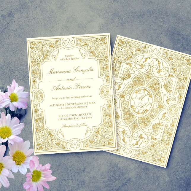 Convites Casamento de ornamentado de marfim de marfim de ou (Elegant gold ivory vintage ornate frame wedding invitation template digital download antique chic)
