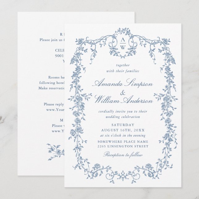 Convites Casamento de Ornamentado francês azul vitoriano tu (Frente/Verso)