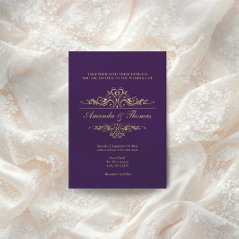 Convites Casamento de ornamento de ouro elegante roxo