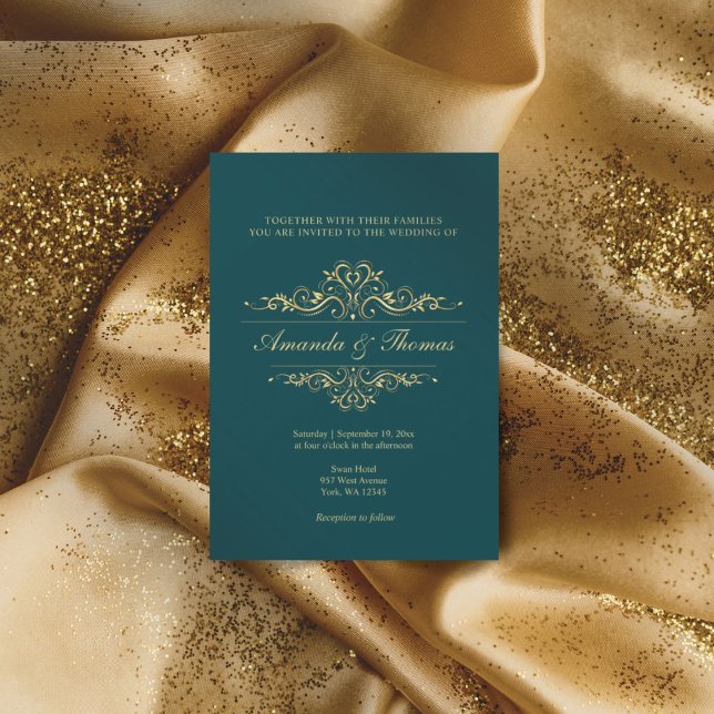 Convites Casamento de ornamento de ouro elegante verde Petr (Criador carregado)