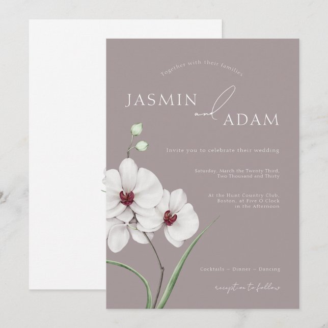 Convites Casamento de Orquídea Branca Cinza Moderna Inicial (Frente/Verso)