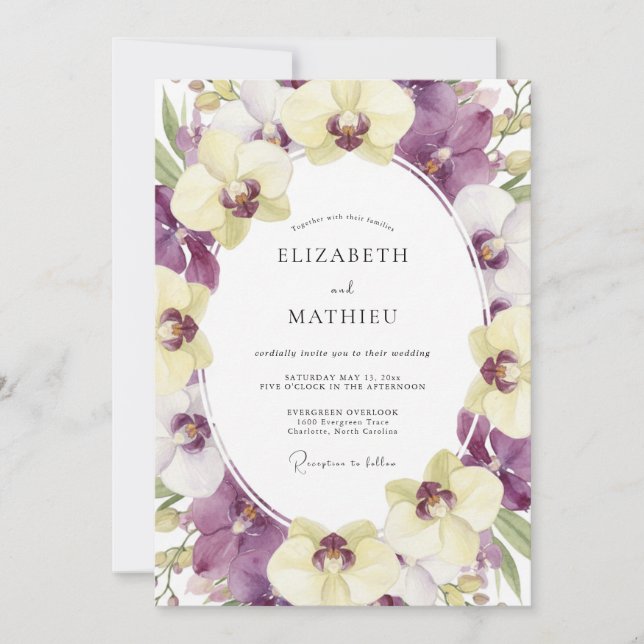 Convites Casamento de Orquídea Creme Roxo (Frente)