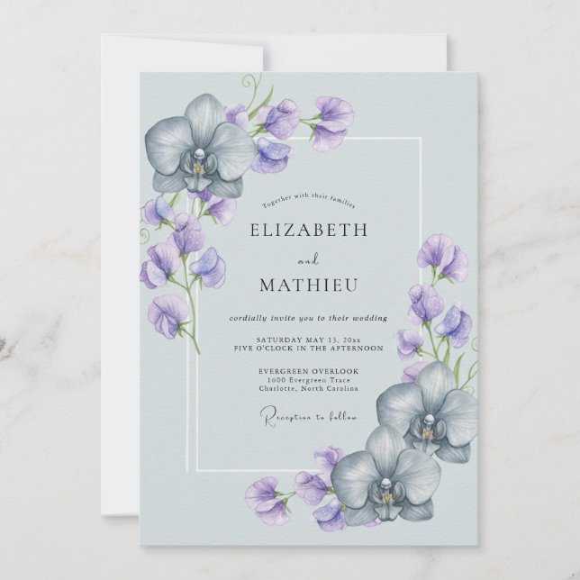 Convites Casamento de Orquídea Elegante Azul Claro (Frente)