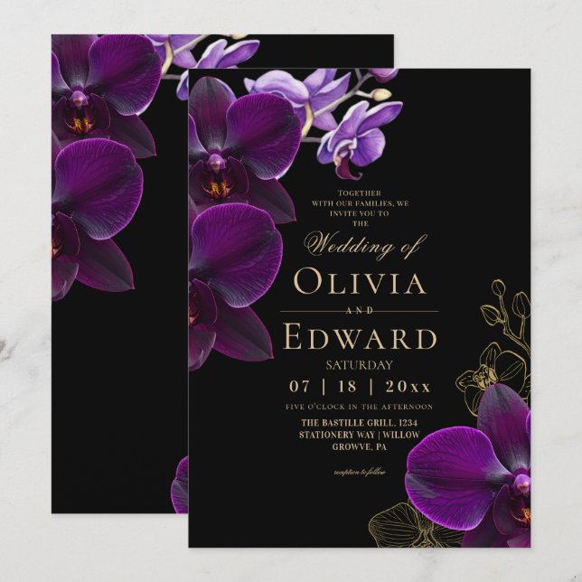 Convites Casamento de Orquídea em Flor Roxa Preta Temperame (Frente/Verso)