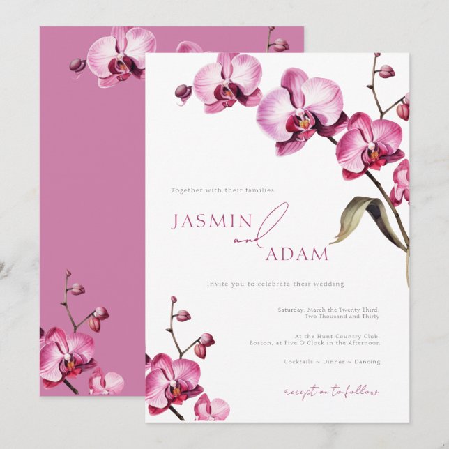 Convites Casamento de Orquídea Rosa Elegante (Frente/Verso)