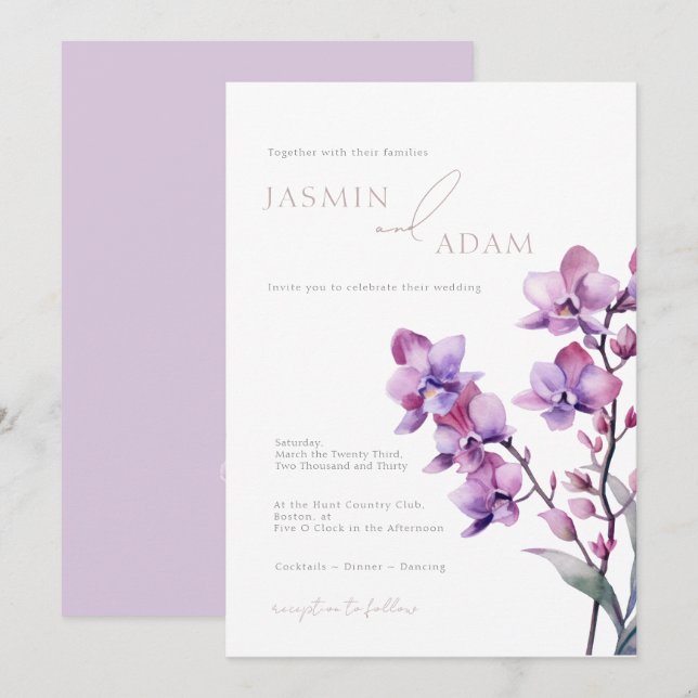 Convites Casamento de Orquídea Roxa Elegante (Frente/Verso)