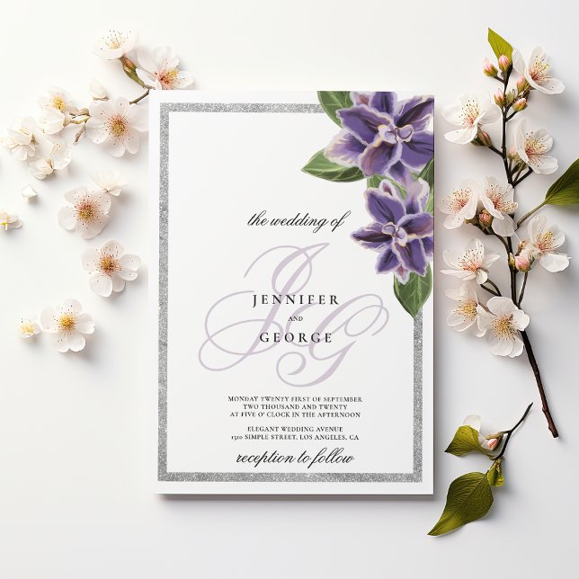 Convites Casamento de orquídea roxa lavanda brilho prateado (Chic silver glitter purple lavender orchid)