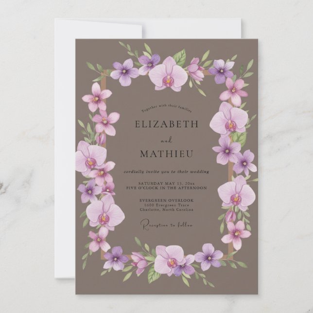 Convites Casamento de Orquídea Roxa Taupe (Frente)