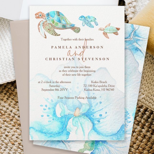 Convites Casamento de Orquídeas Azuis Tropicais e Tartaruga (sea turtle wedding invitation, blue watercolor orchid, tropical malibu blue, beach wedding, ocean)
