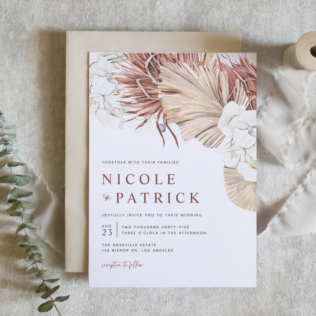 Convites Casamento de Orquídeas Boho e Folhas de Palmeira S (Boho Orchids and Dried Palm Leaves Wedding Invitation)