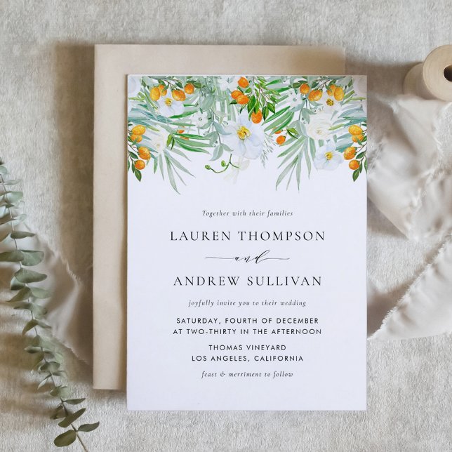Convites Casamento de Orquídeas Brancas e Kumquats em Aquar (Watercolor White Orchids and Kumquats Wedding Invitation)