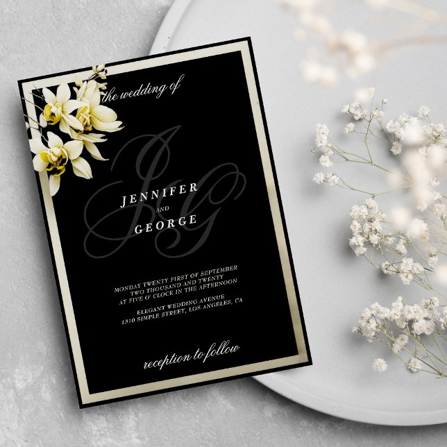 Convites Casamento de orquídeas com iniciais de monograma p (Black ivory monogram initials orchid wedding )