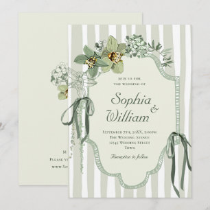 Convites Casamento de Orquídeas Verde Salvia Pintadas à Mão