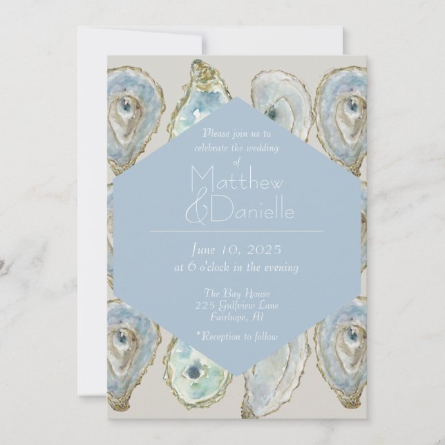 Convites Casamento de Ostras de Aquarela - Azul Claro (Frente)