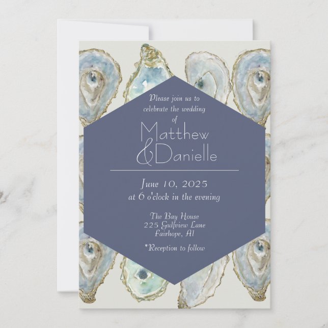 Convites Casamento de Ostras de Aquarela- Azul Derrante (Frente)