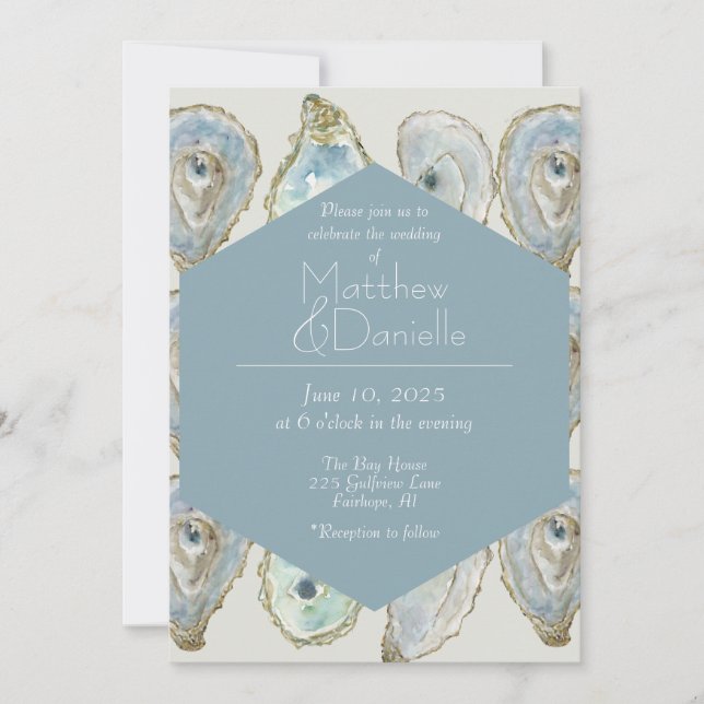 Convites Casamento de Ostras de Aquarela- Azul Derrante (Frente)