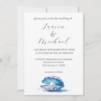 Convites Casamento de Ostras de Praia Blue Watercolor