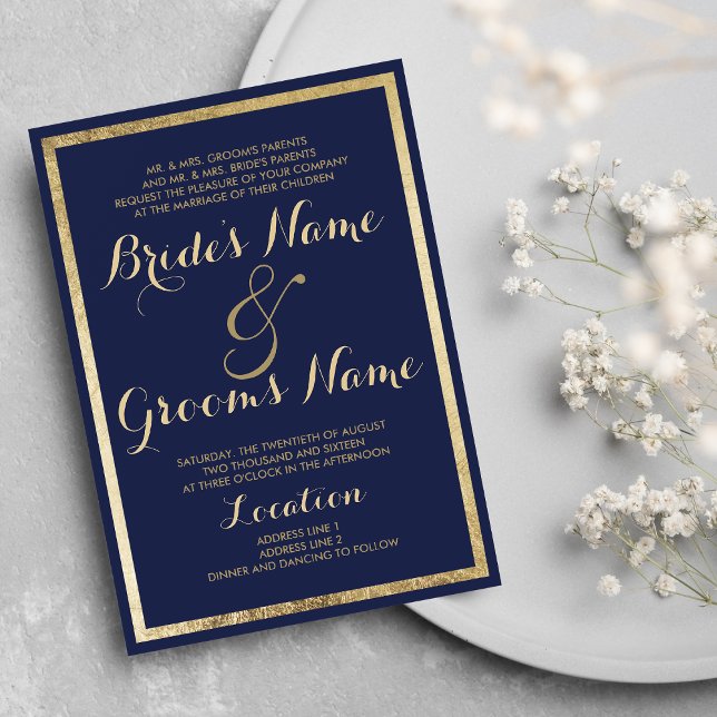 Convites Casamento de ouro azul-azul-Elegante na moda (Zazzle Elegant stylish modern blue faux gold Wedding Invitation )
