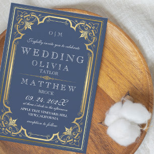 Convites Casamento de ouro azul com ornamentado romântico d