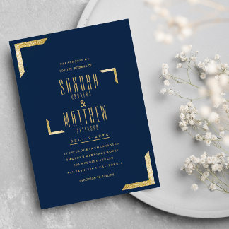 Convites Casamento de ouro brilhante azul-marinho minimalis