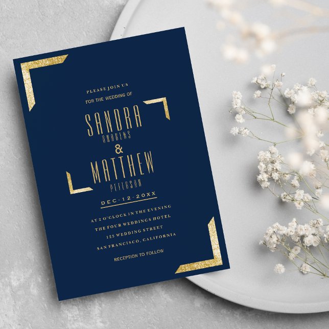Convites Casamento de ouro brilhante azul-marinho minimalis (Minimalist navy blue glam gold glitter Wedding)