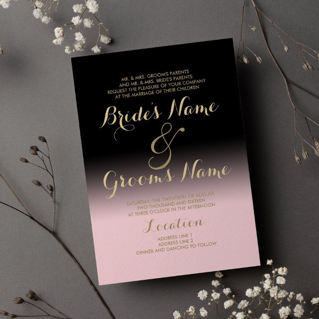 Convites Casamento de ouro cor-de-rosa preto gradiente mode (Modern gradient black blush pink gold Wedding)