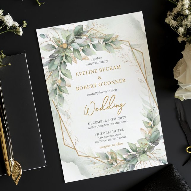 Convites Casamento de ouro de eucalipto verde com aquarela  (Modern botanical greenery leaf gold frame wedding invitation digital)