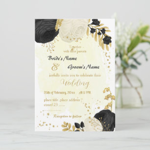 Convites casamento de ouro de flores pretas e brancas