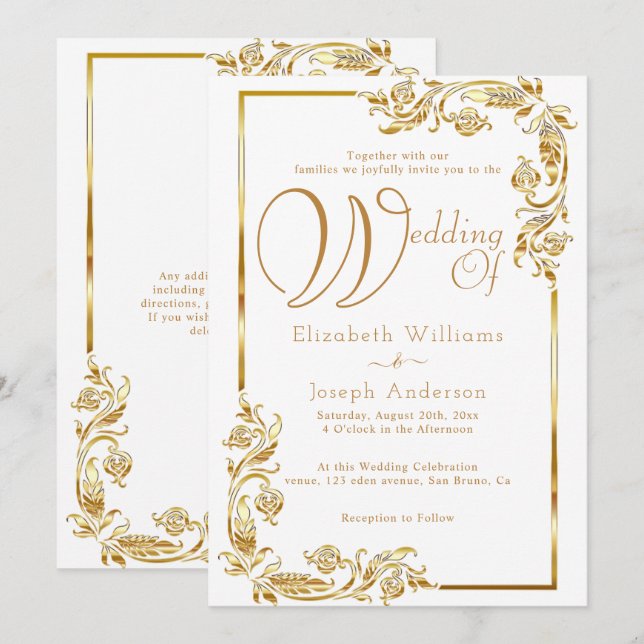 Convites Casamento de Ouro de Frame Floral Dourada para Orç (Frente/Verso)