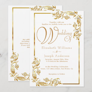 Convites Casamento de Ouro de Frame Floral Dourada para Orç