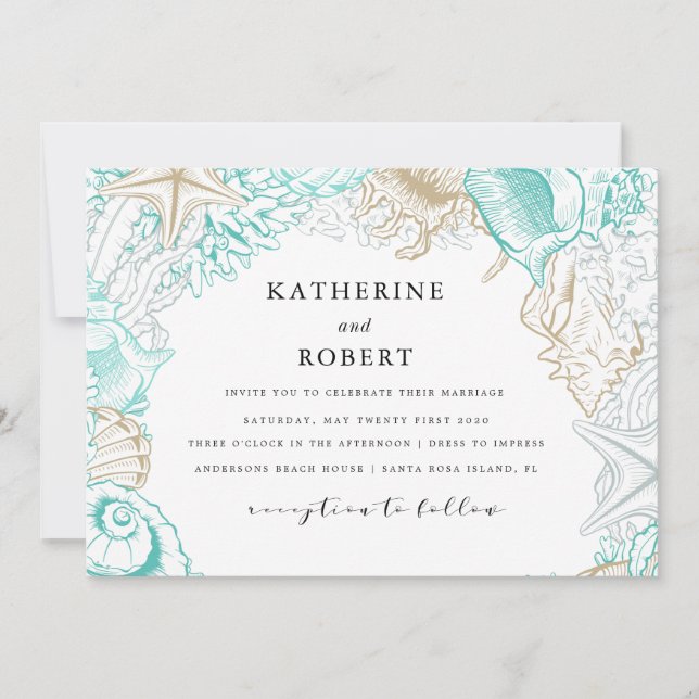 Convites Casamento de ouro de tartaruga costeira (Frente)