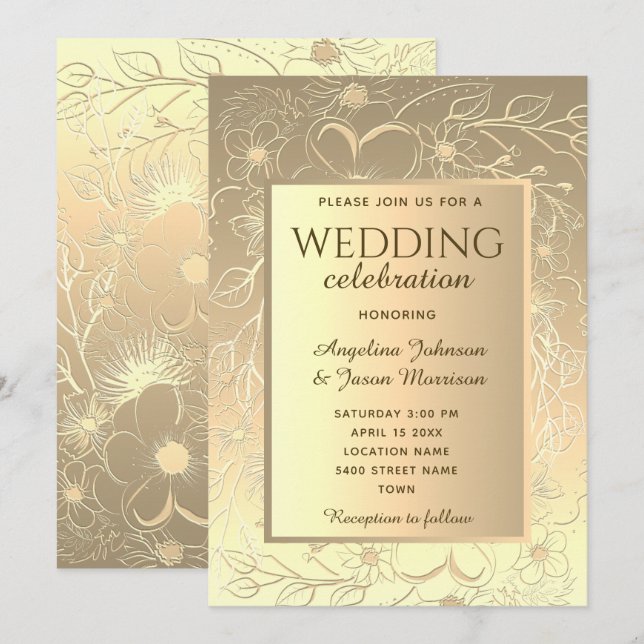 Convites Casamento de Ouro Elegante (Frente/Verso)
