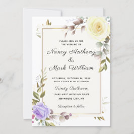 Convites Casamento de Ouro floral azul empoeirado Elegante