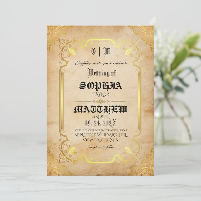 Convites Casamento de Ouro Medieval Personalizável (Em pé/Frente)