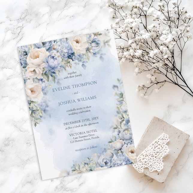Convites Casamento de ouro para rosas brancas e azuis (Watercolor light blue and white roses greenery wedding digital invitation)
