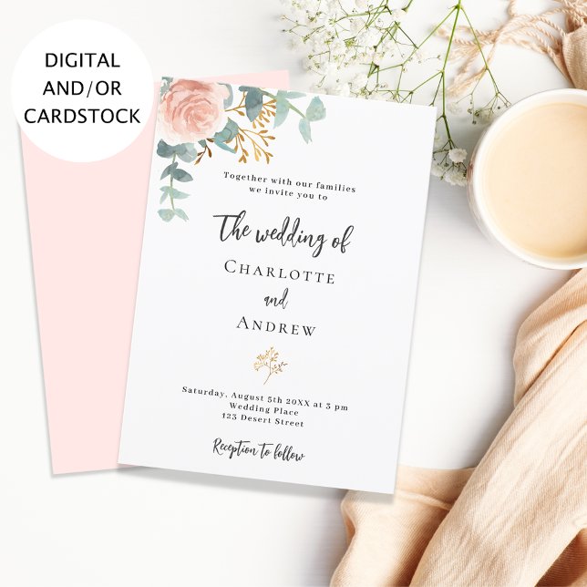 Convites Casamento de ouro rosa floral eucalipto verde (Criador carregado)