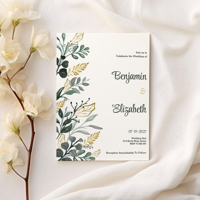 Convites Casamento de ouro verde-aquoso botânico (Botanical watercolor green gold greenery Wedding )